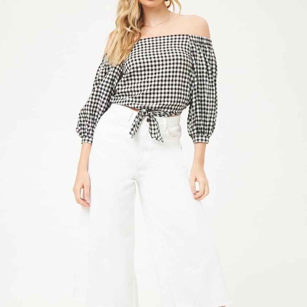 NWT Forever 21 Gingham Off-Shoulder Crop Top-DA4